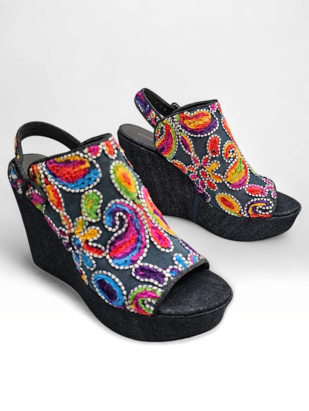 STUART WEITZMAN Denim Embroidered Paisley Boho Platform Wedge Sandals 10.5M